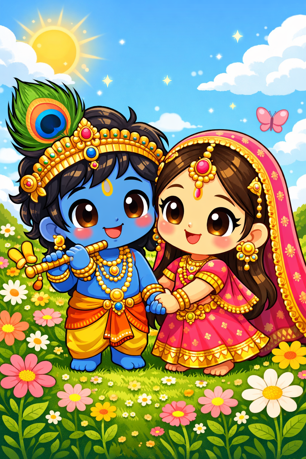 Kawaii chibi Radha Krishna in a colorful flower garden with playful animated style